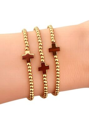 NWT Gold Beaded Bracelet Trinity Trio with Brown Cross Charms